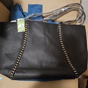Badgley Mischka Black Tote with Gold Chain Accent